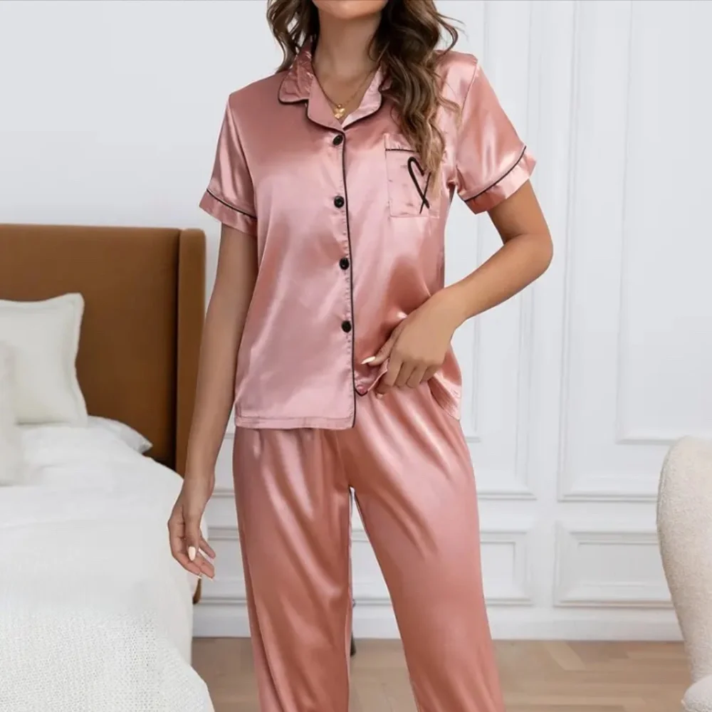 Pink Satin Pajamas Heart Embroidered Pants Set NWT - Medium Small - Picture 2 of 11